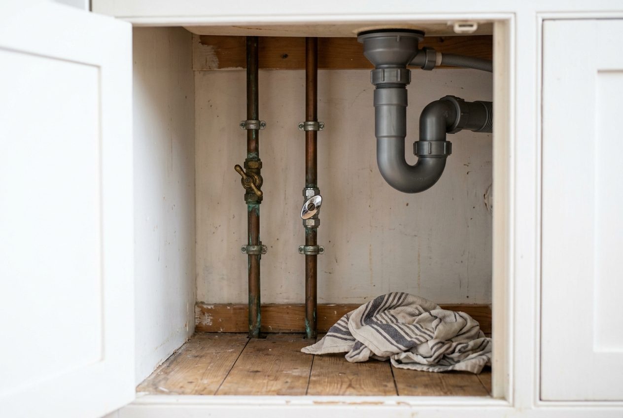 Two copper water pipes in an open kitchen sink cupboard, one with a brass stopcock and one with a chrome isolating valve, beside a grey plastic sink trap and a folded tea towel.
